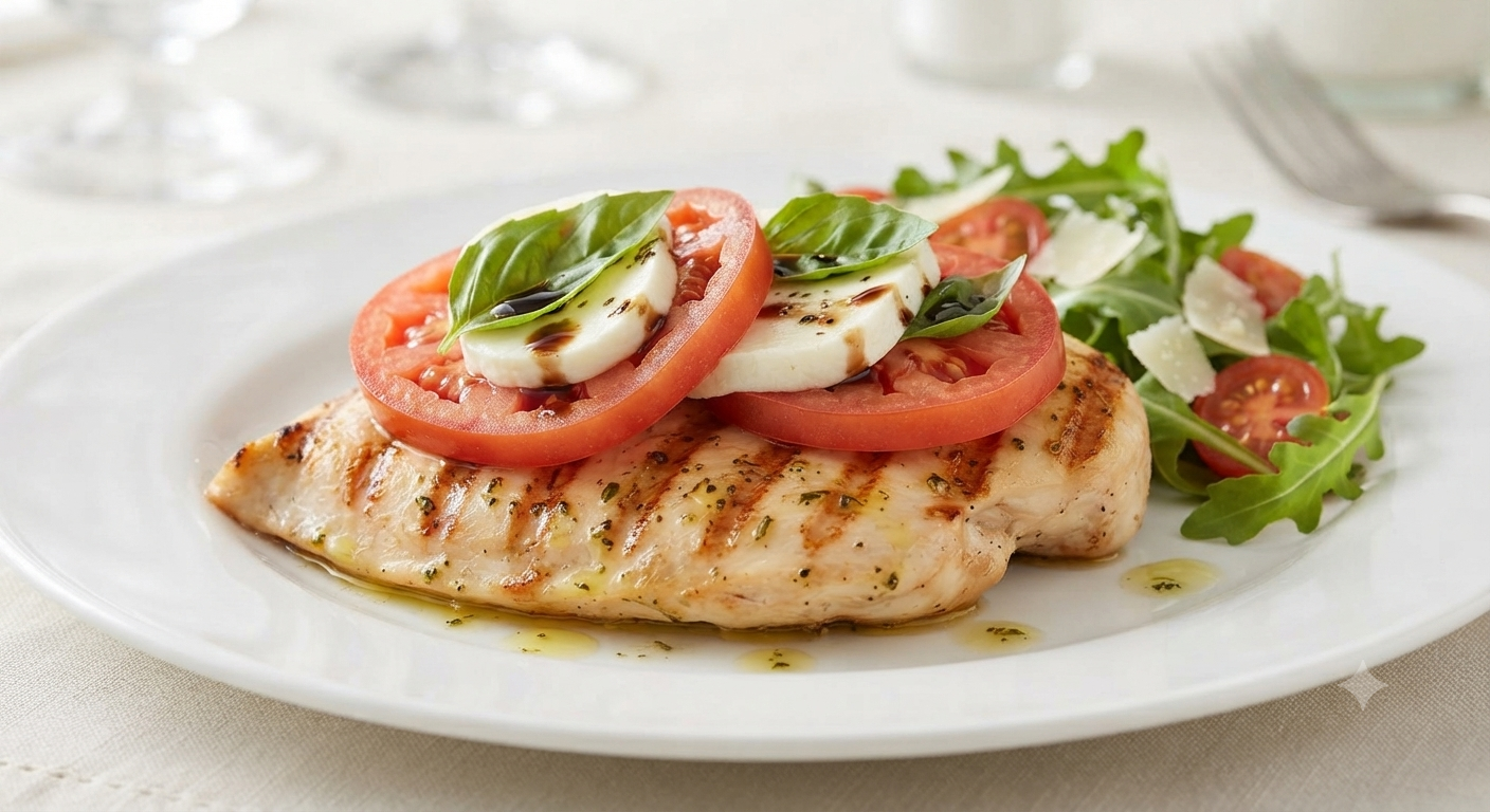 Peito de frango grelhado com tomate, mussarela e salada de rúcula