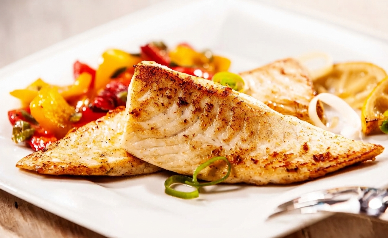 Filé de tilápia grelhado com legumes coloridos e limão
